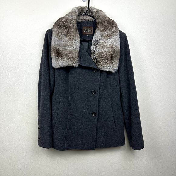 Cole Hann Womens Size 10 Long Sleeve Fur Collar Button Peacoat Pockets - Picture 1 of 9